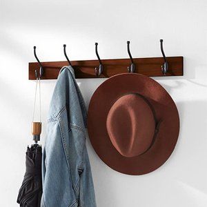 NIB Wall-Mounted Farmhouse Coat Rack, 5 Hooks, Light Walnut (2 available)